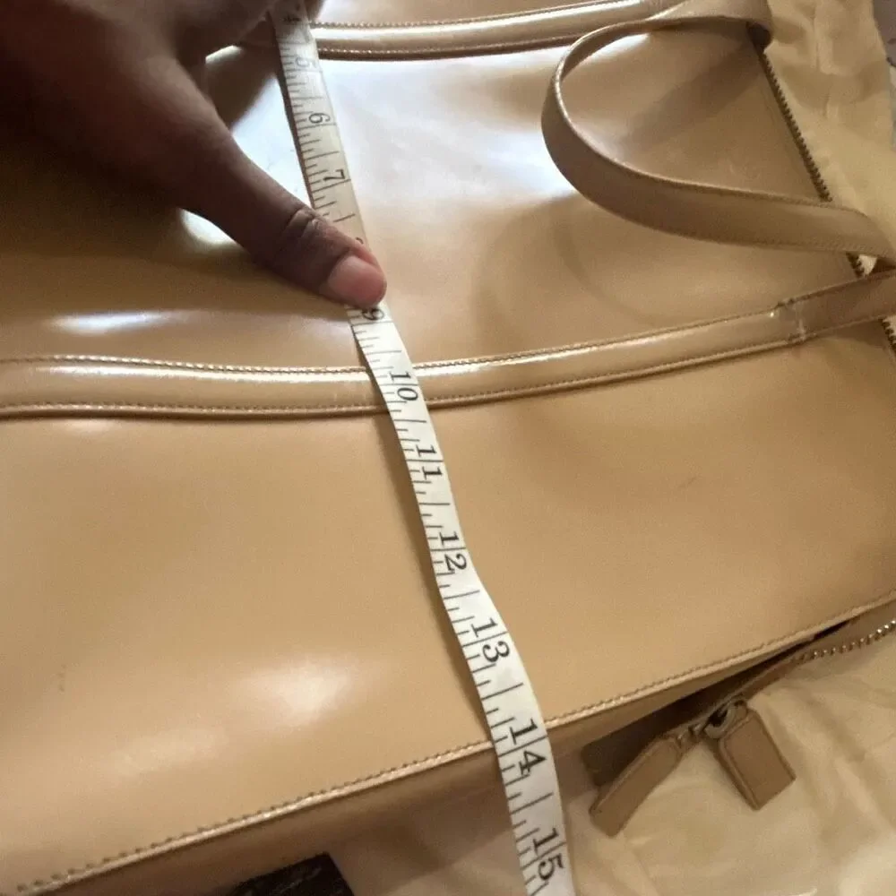 Prada Zip Tope Tote Bag Large Beige Glossy Leather Luxury Summer Coastal Italian